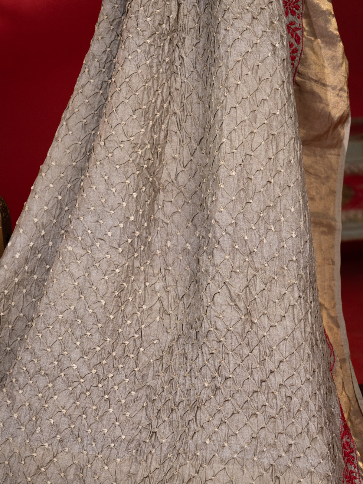 Grey Shade Tussar Silk Saree With Bandhej