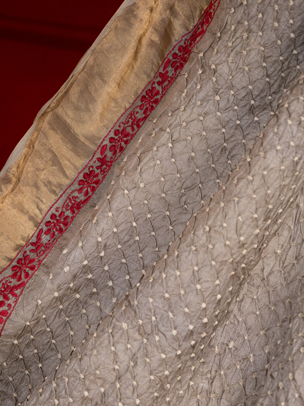 Grey Shade Tussar Silk Saree With Bandhej