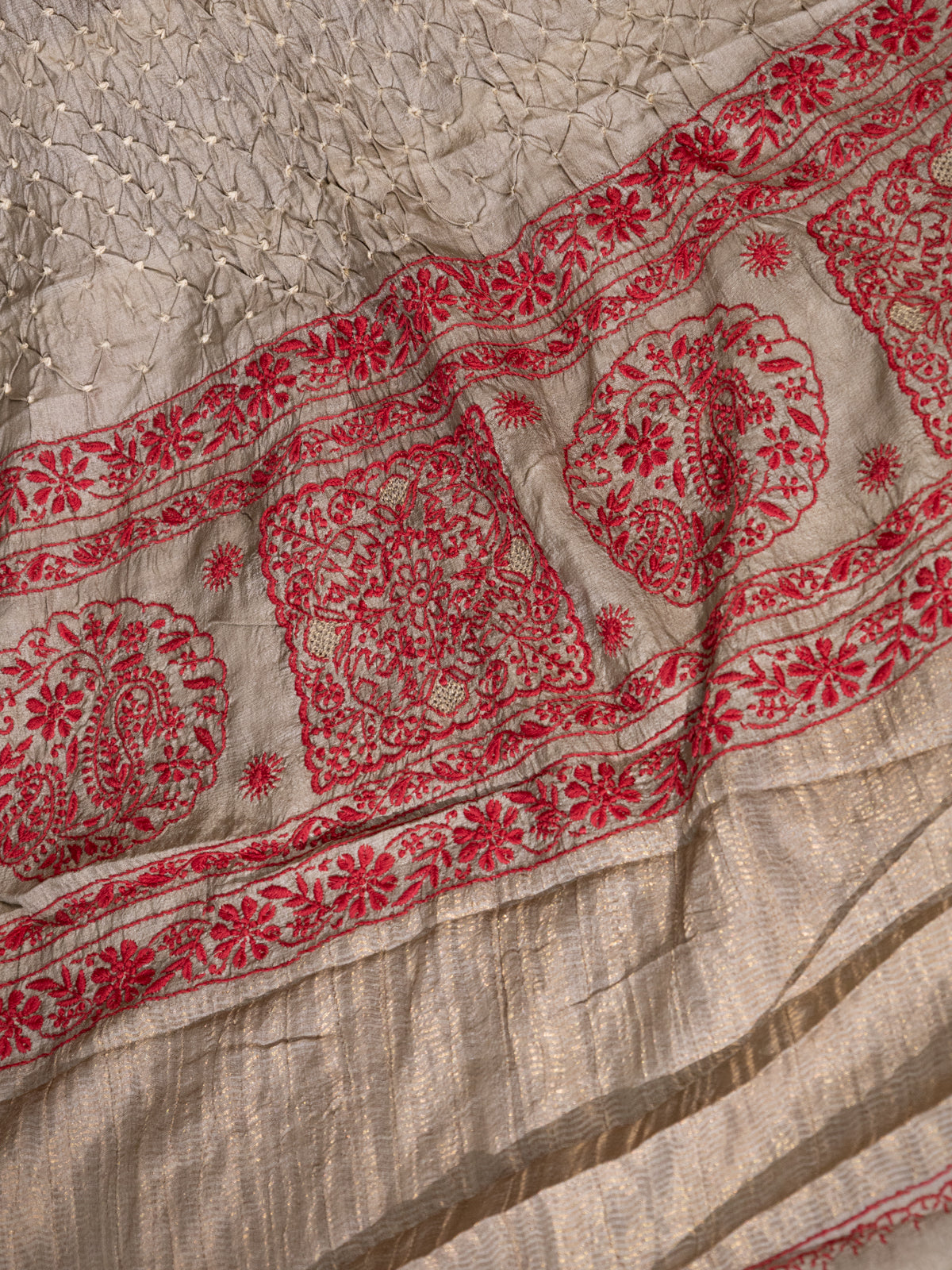 Grey Shade Tussar Silk Saree With Bandhej