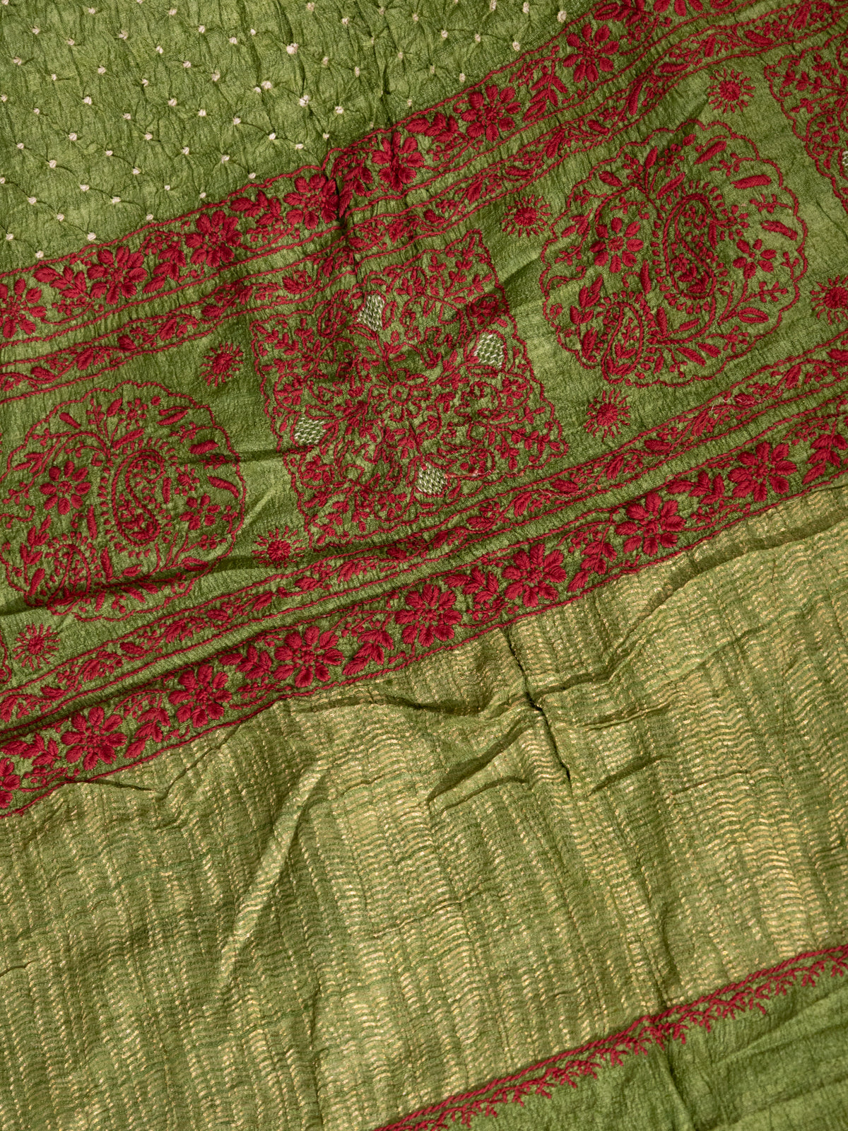 Green Tussar Silk Saree With Bandhej