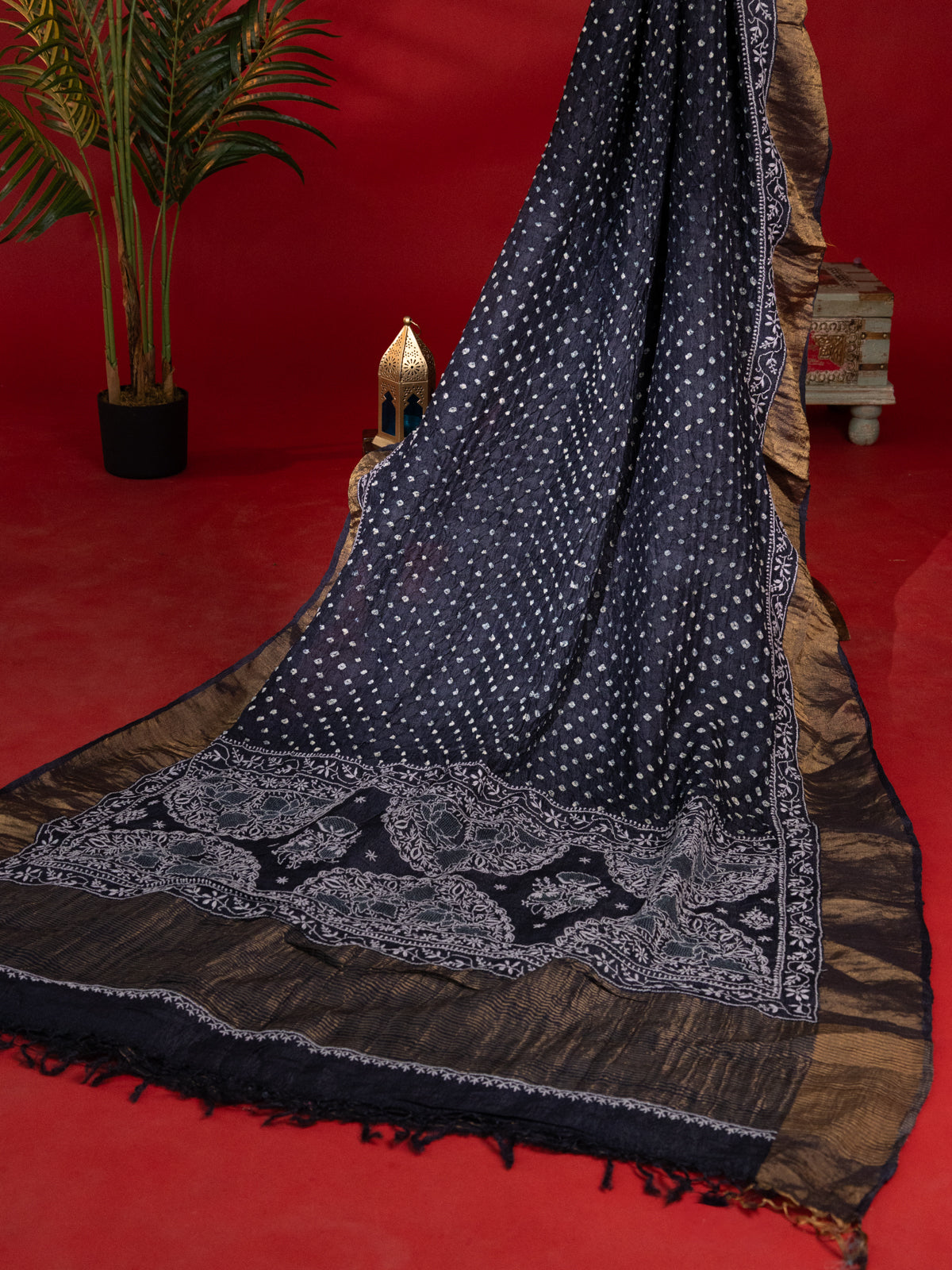 Black Tussar Silk Saree With Bandhej