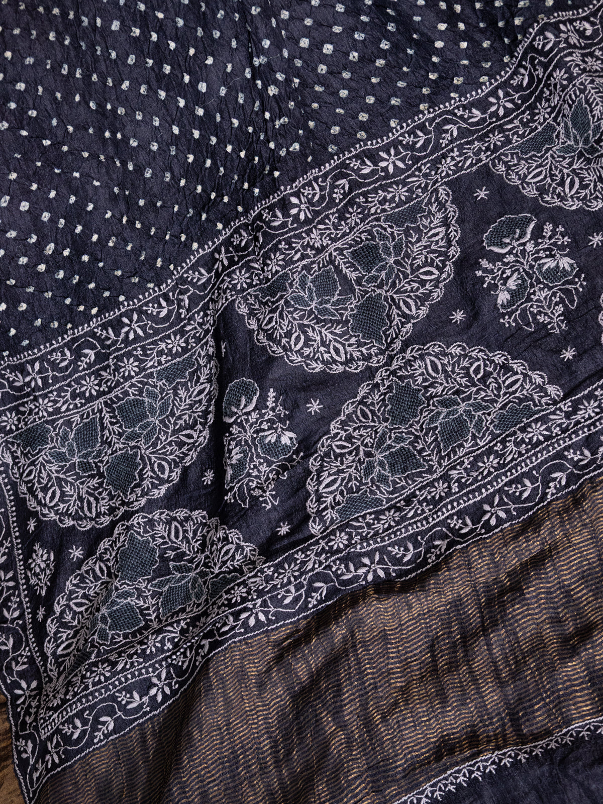 Black Tussar Silk Saree With Bandhej