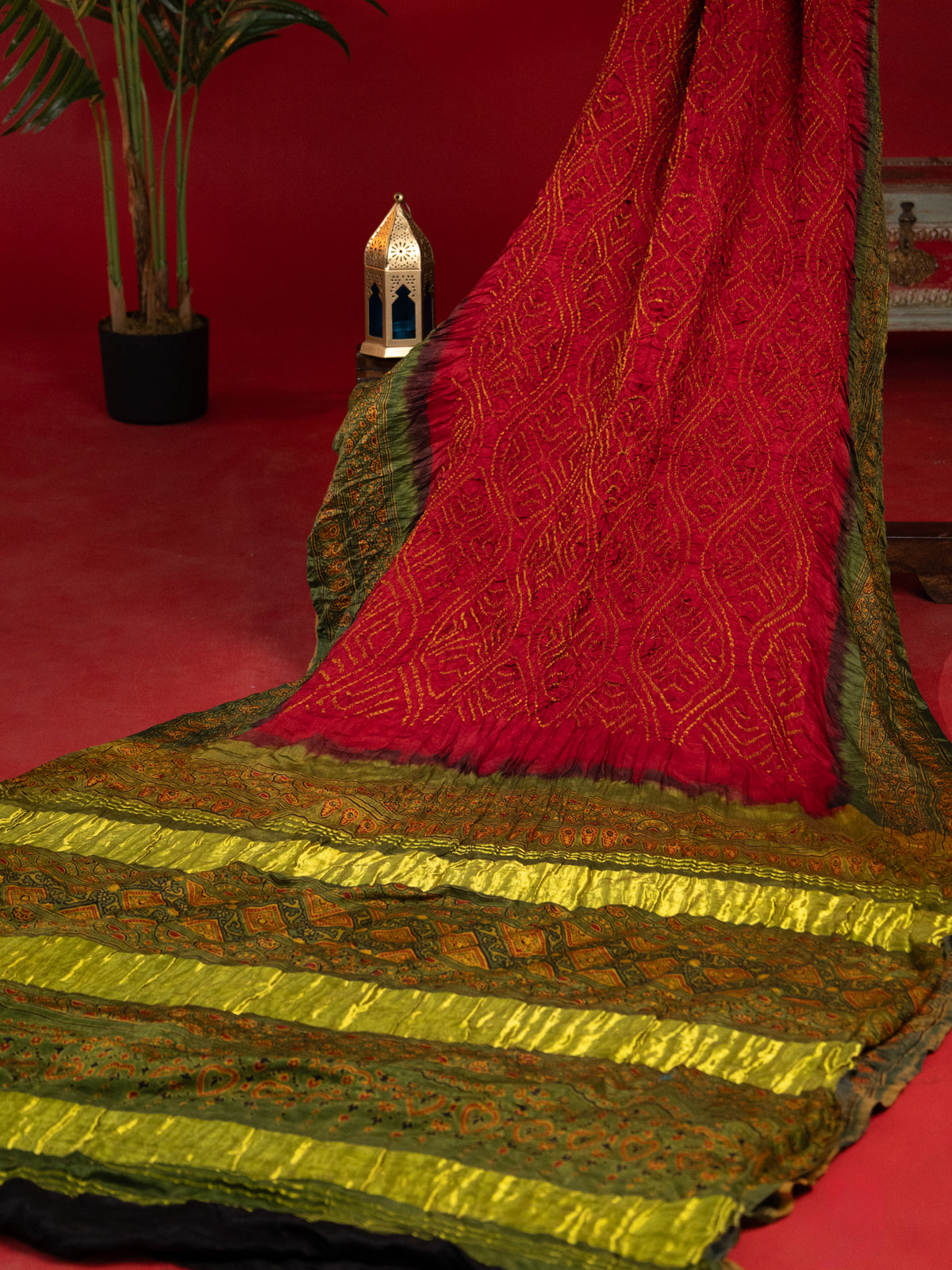 Maroon & Mehendi Green Gajji Silk With Bandhej