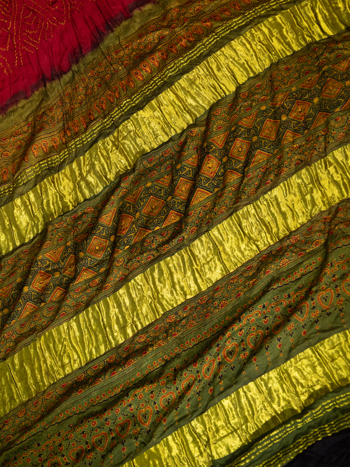 Maroon & Mehendi Green Gajji Silk With Bandhej