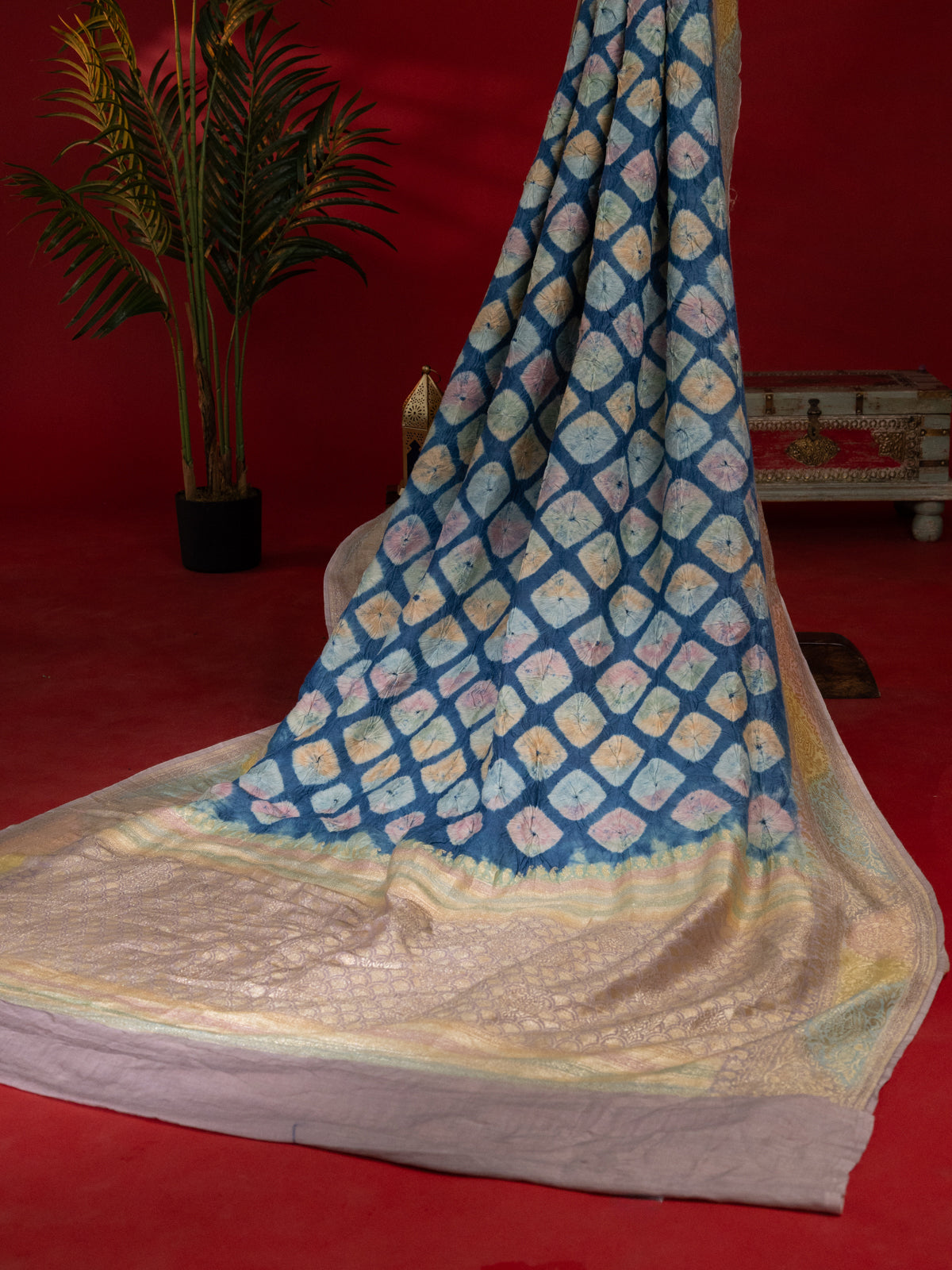 Blue & Pastel Pink Tussar Silk Saree