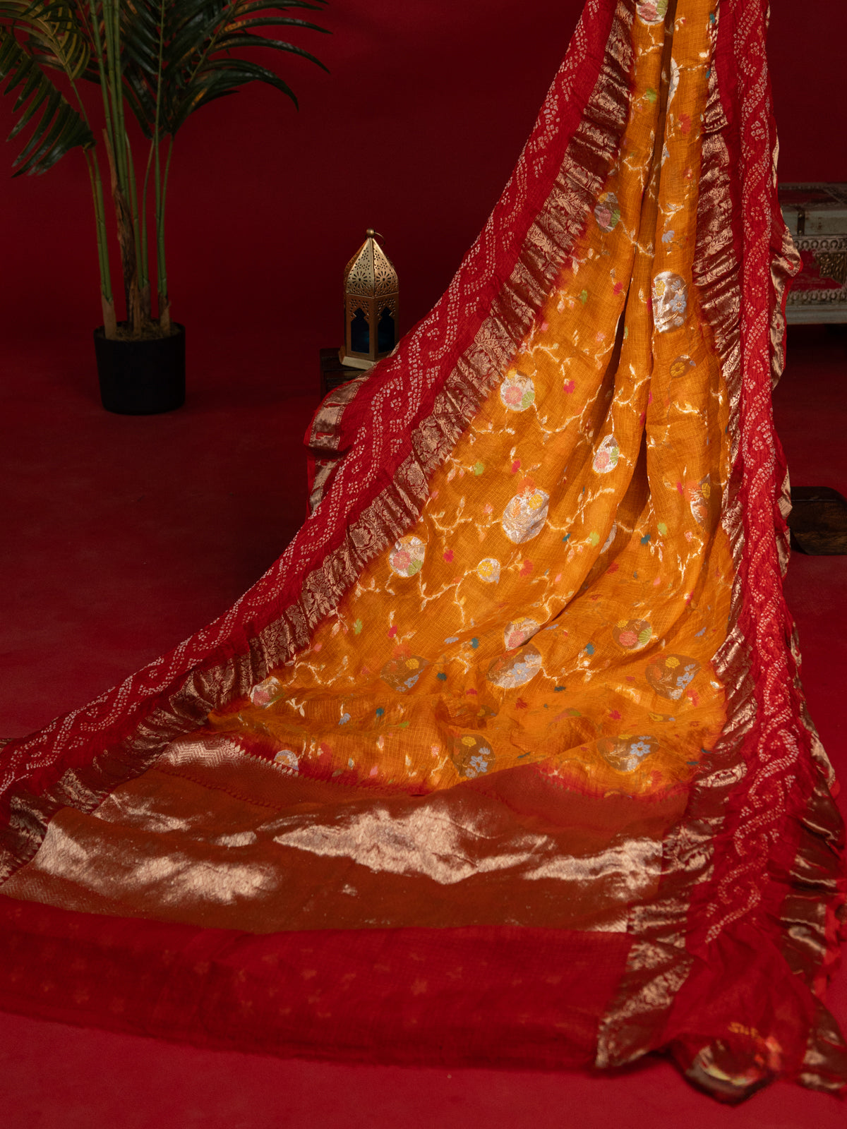 Orange & Red Zari Kota Saree With Jaal Weaves