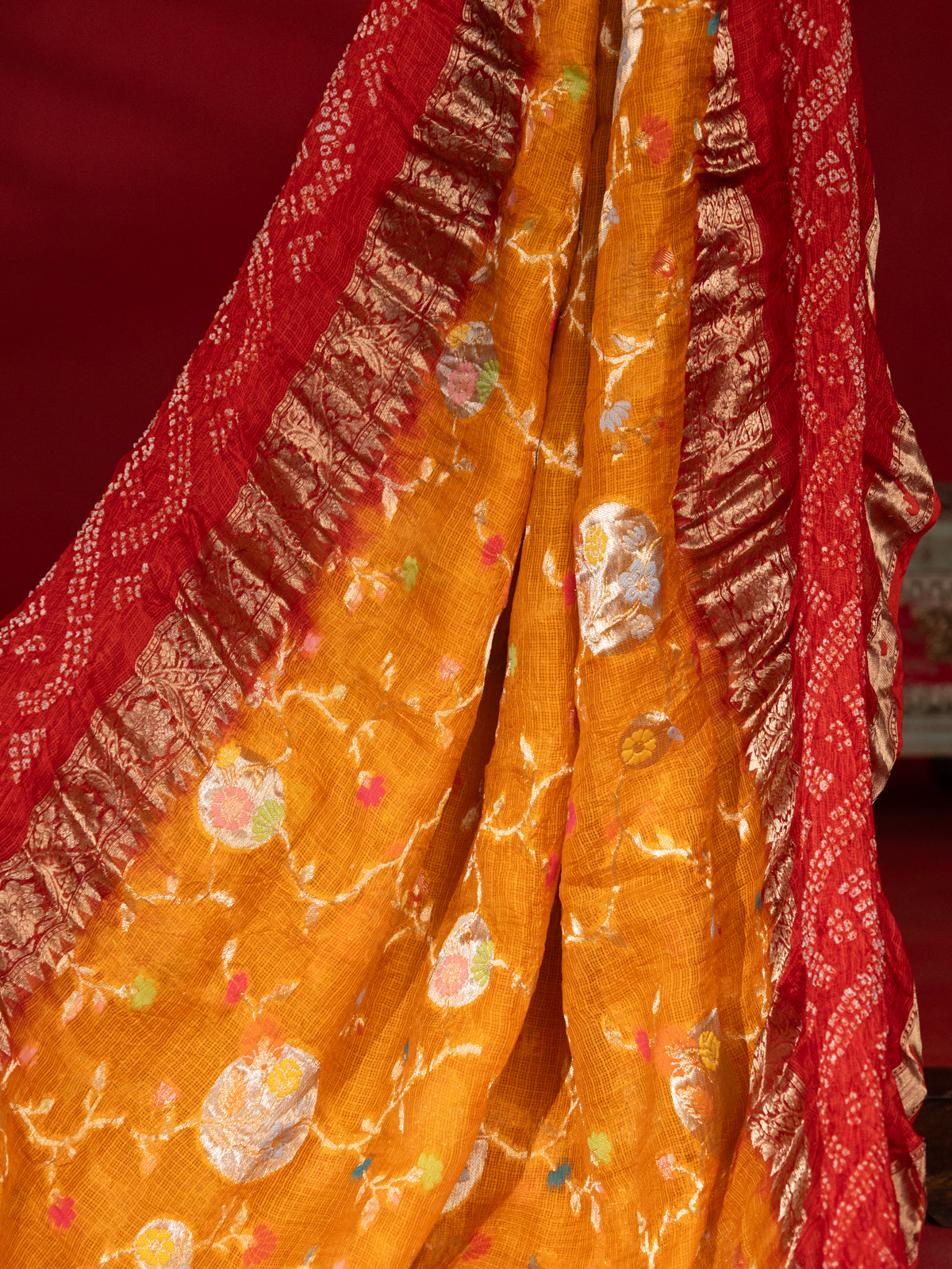 Orange & Red Zari Kota Saree With Jaal Weaves