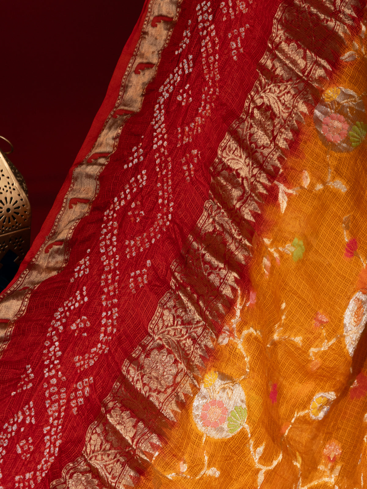 Orange & Red Zari Kota Saree With Jaal Weaves
