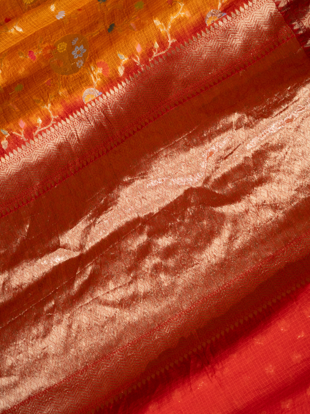 Orange & Red Zari Kota Saree With Jaal Weaves