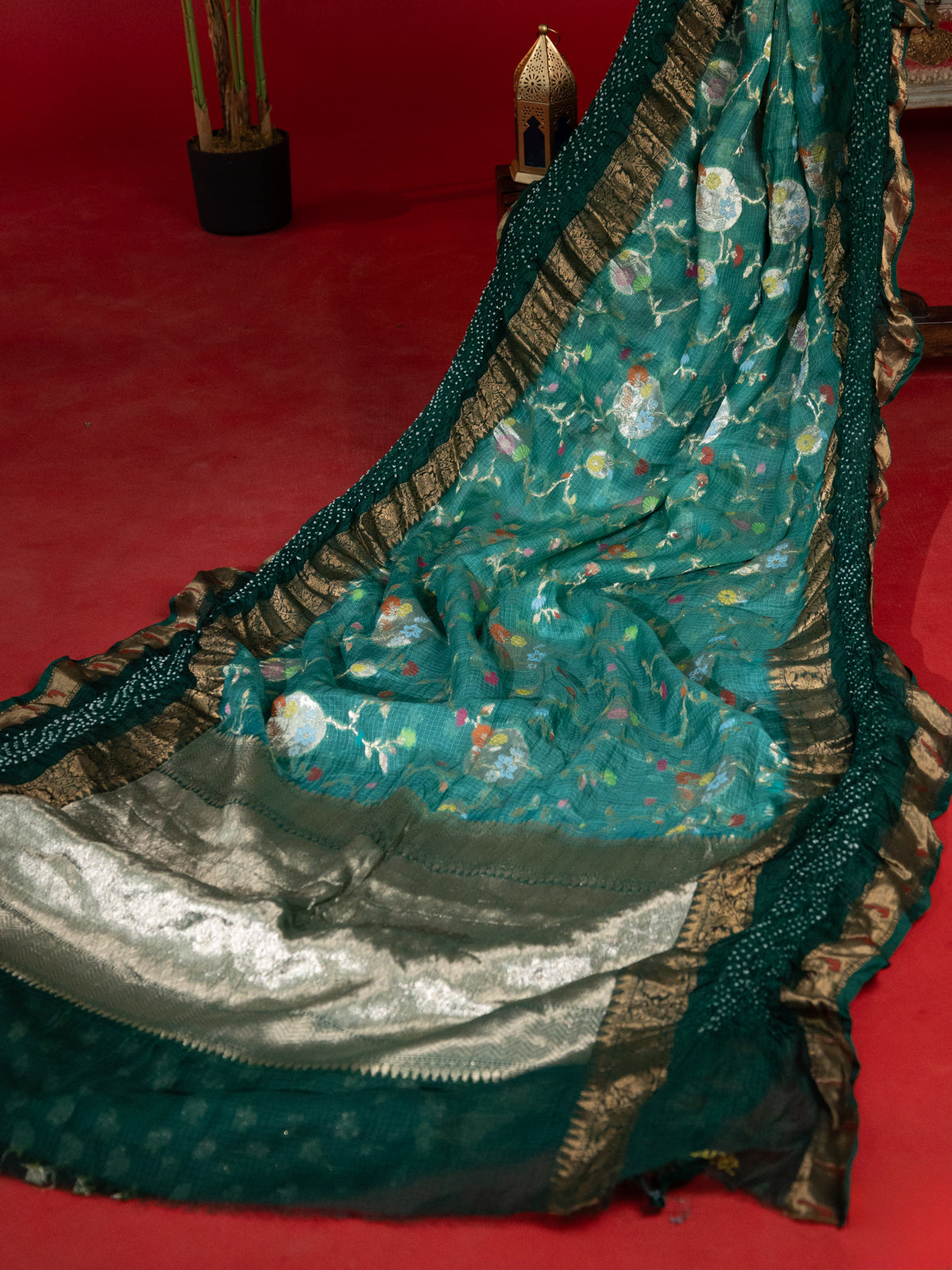 Teal & Green Zari Kota With Jaal Weaves