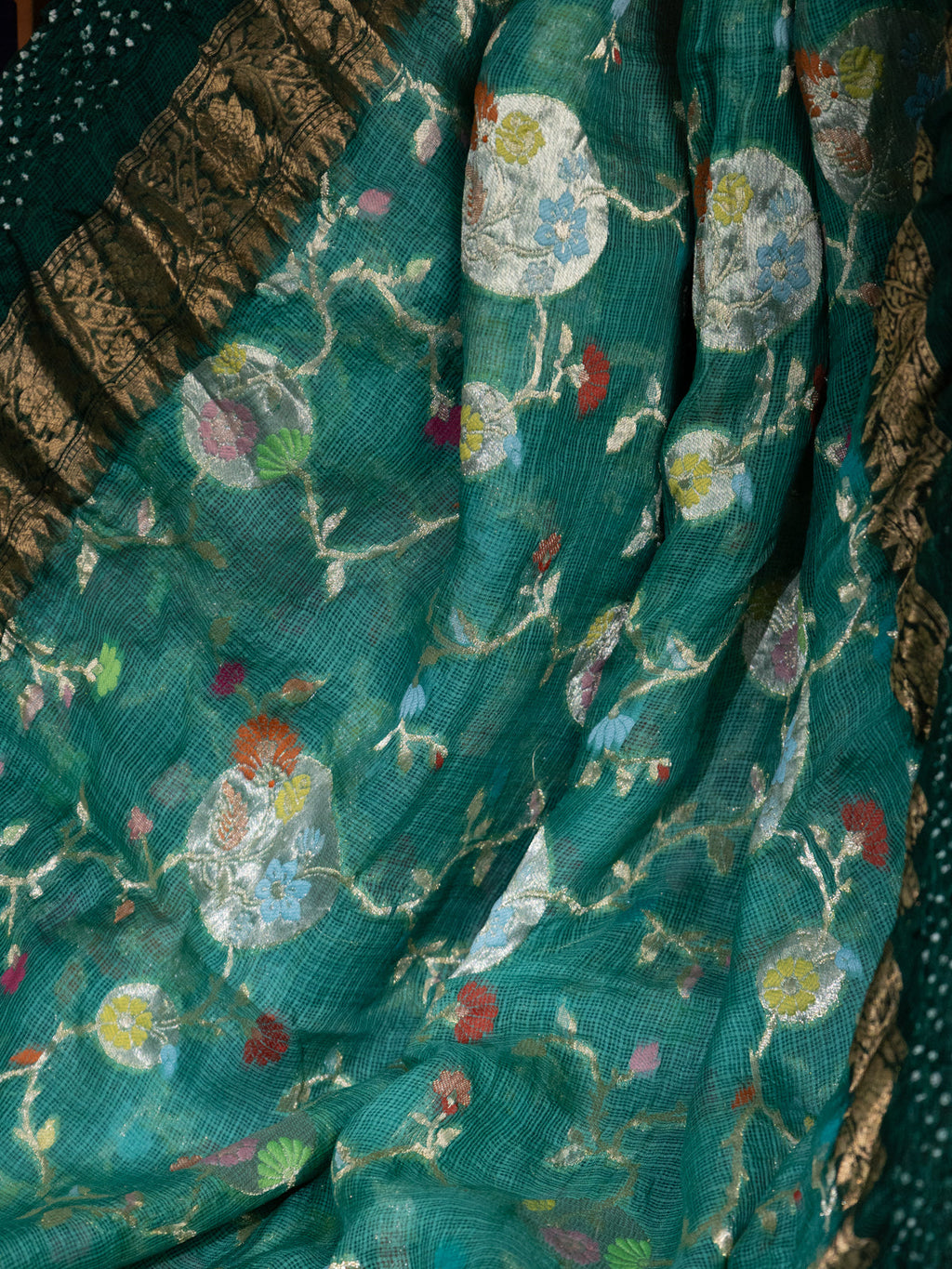 Teal & Green Zari Kota With Jaal Weaves