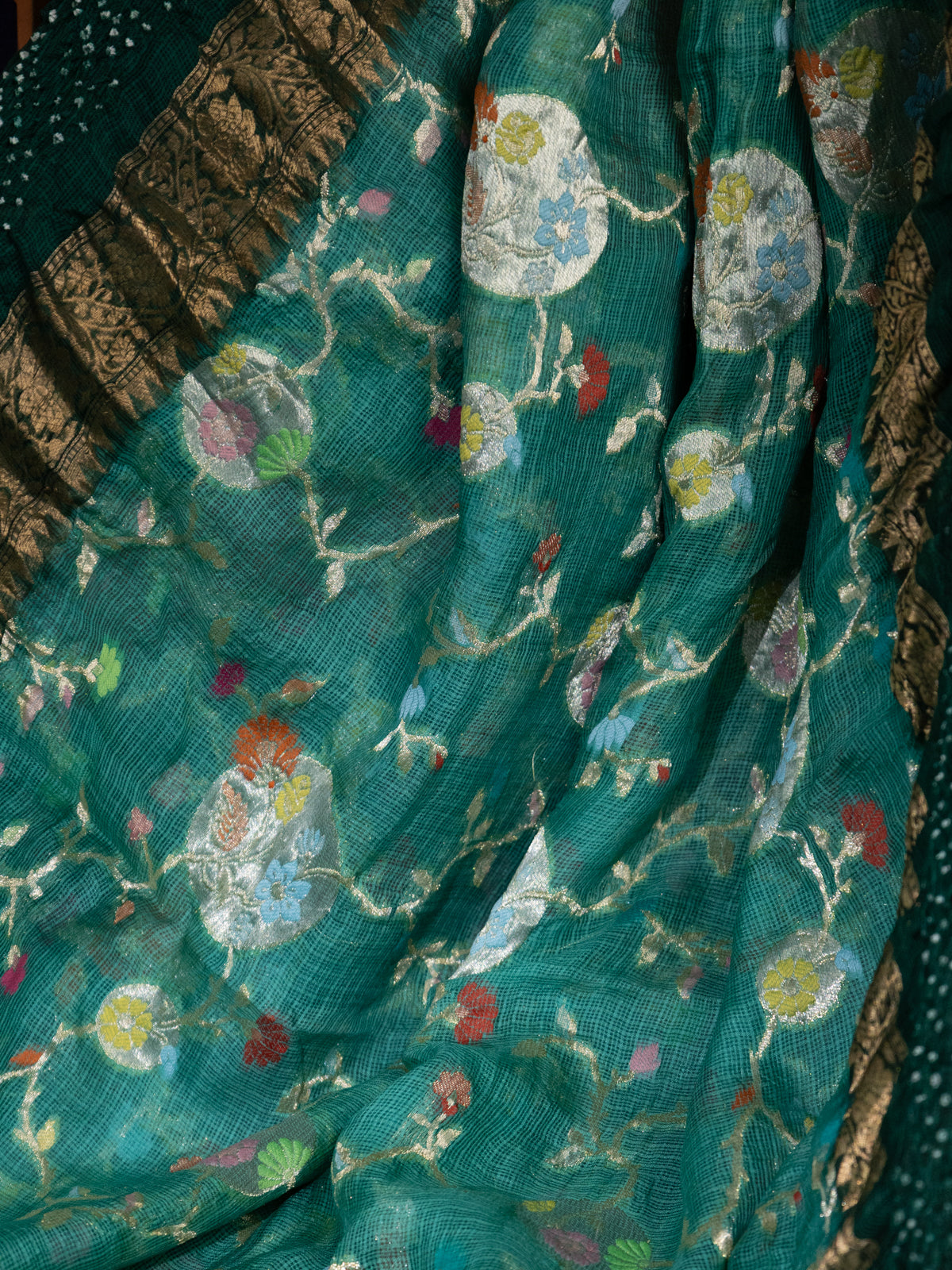 Teal & Green Zari Kota With Jaal Weaves