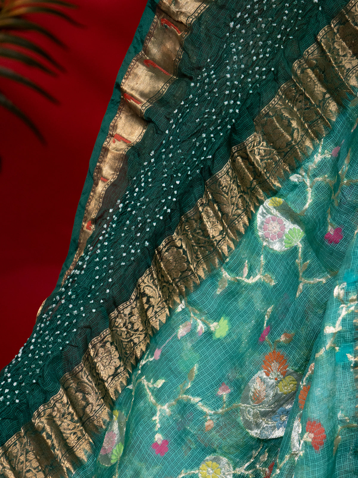 Teal & Green Zari Kota With Jaal Weaves