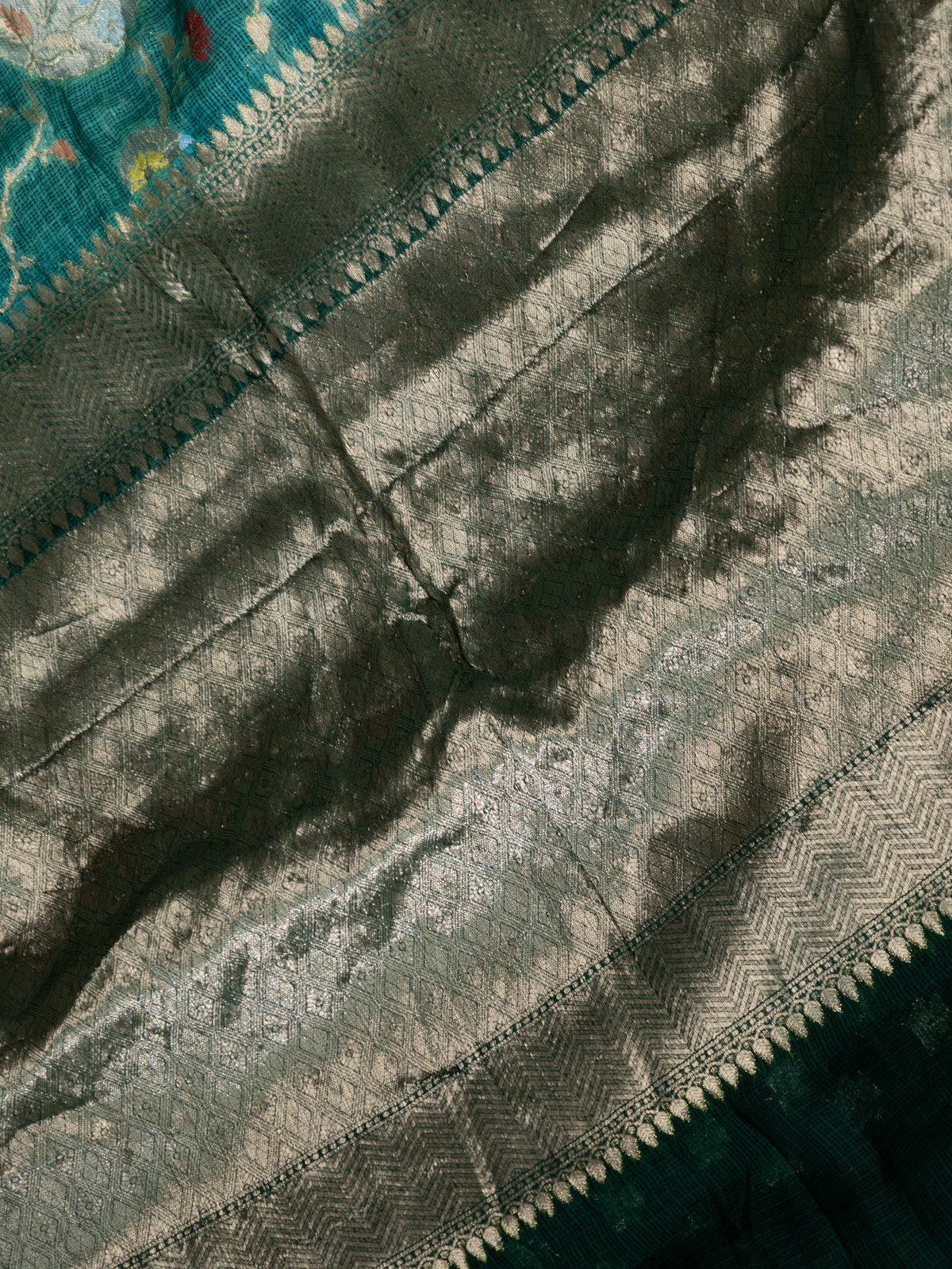 Teal & Green Zari Kota With Jaal Weaves