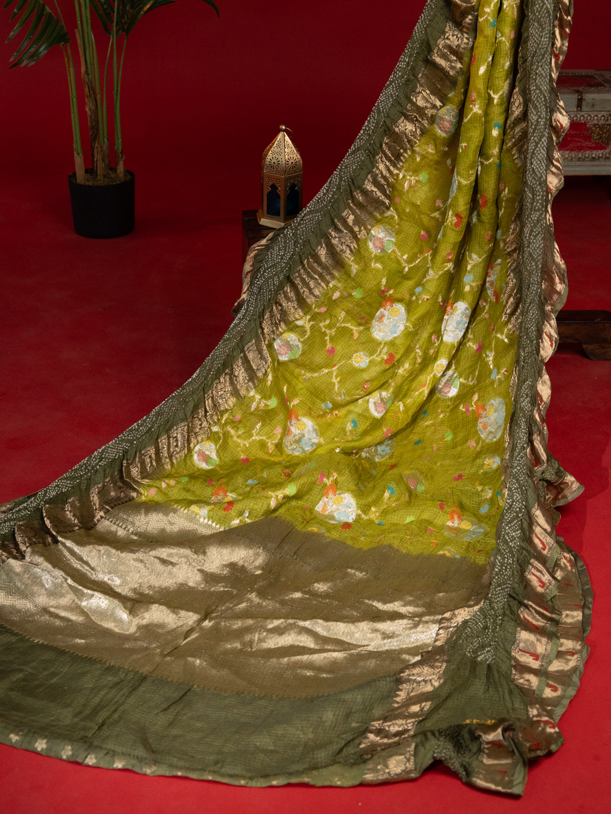 Lime Green & Green Zari Kota Saree With Jaal Weaves