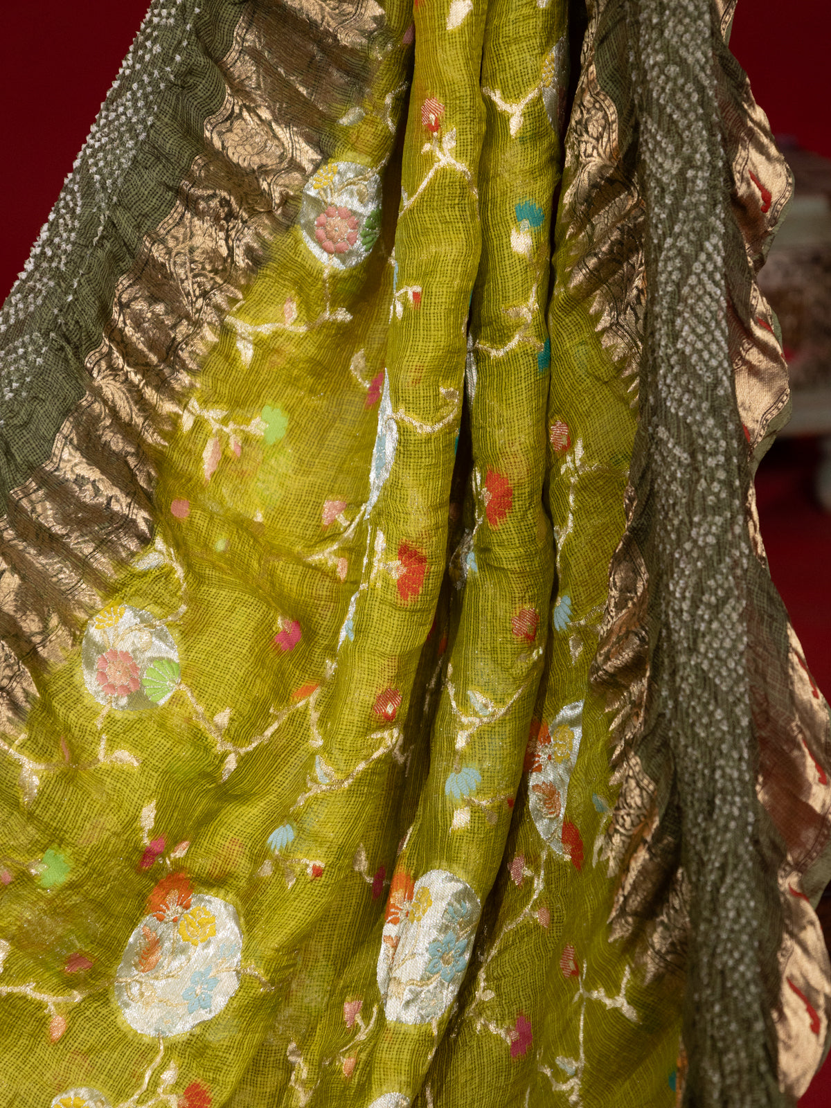 Lime Green & Green Zari Kota Saree With Jaal Weaves