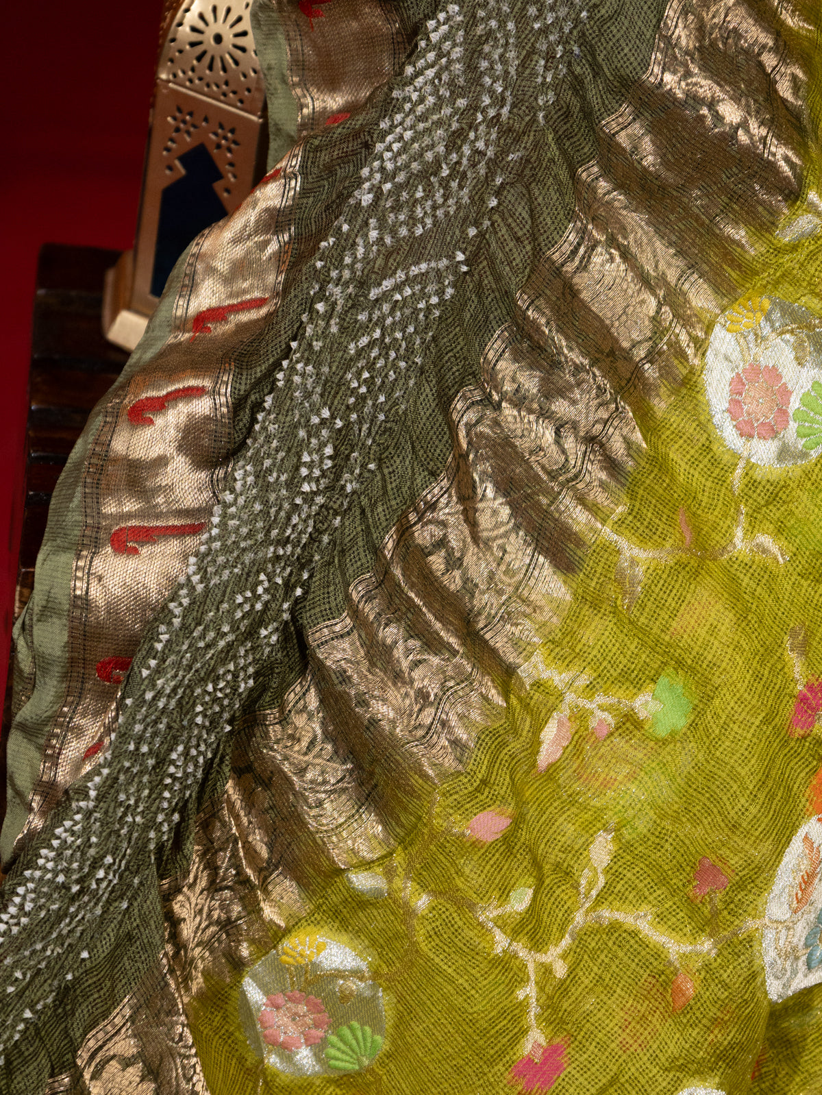 Lime Green & Green Zari Kota Saree With Jaal Weaves