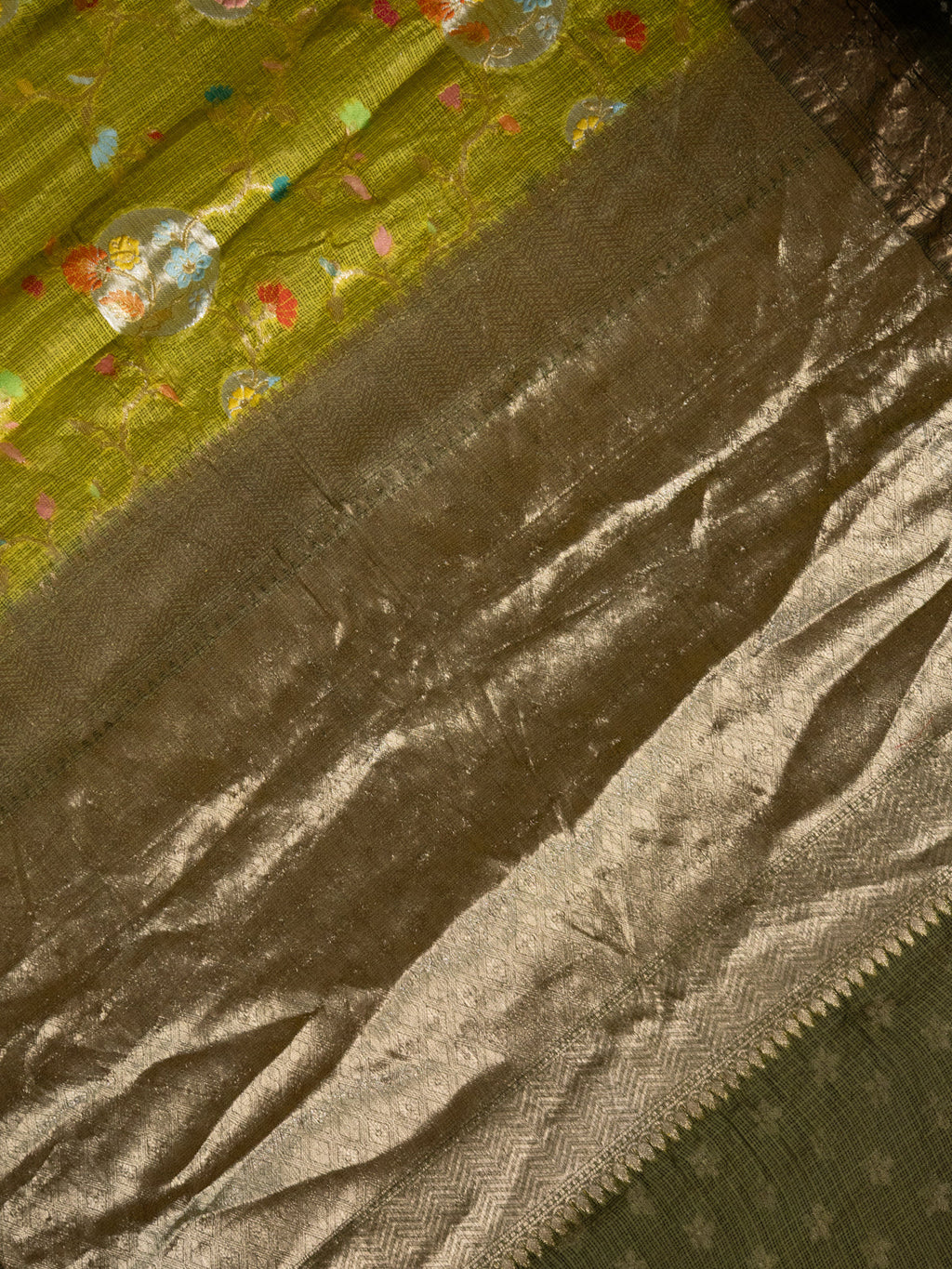 Lime Green & Green Zari Kota Saree With Jaal Weaves