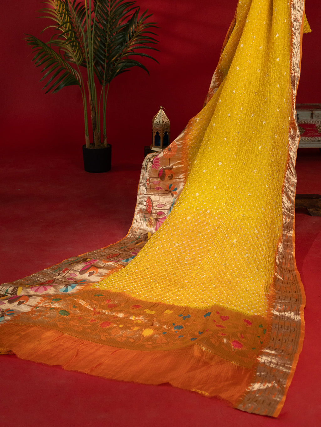 Yellow & Orange Zari Kota Saree With Bandhej