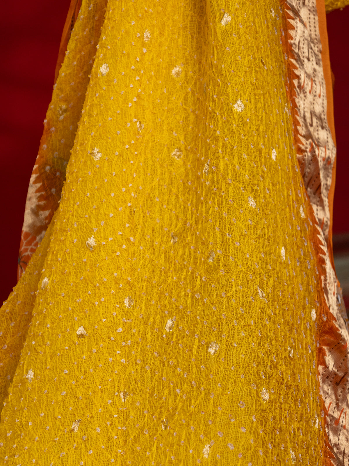 Yellow & Orange Zari Kota Saree With Bandhej