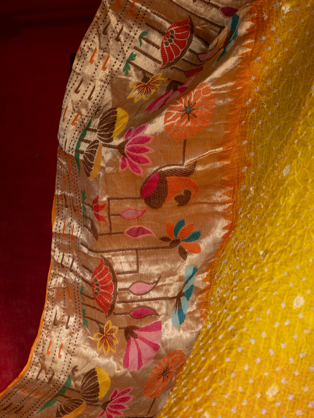 Yellow & Orange Zari Kota Saree With Bandhej