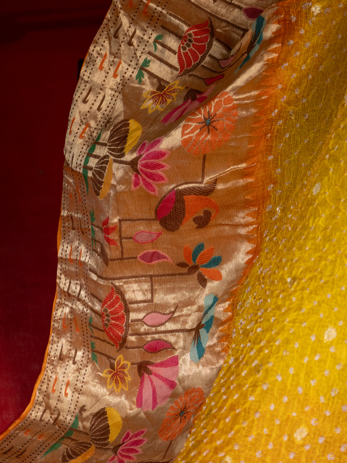 Yellow & Orange Zari Kota Saree With Bandhej