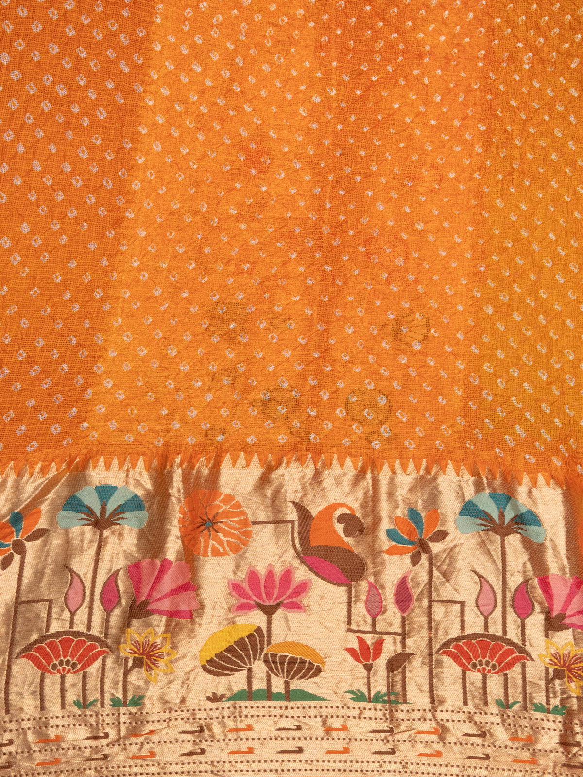 Yellow & Orange Zari Kota Saree With Bandhej