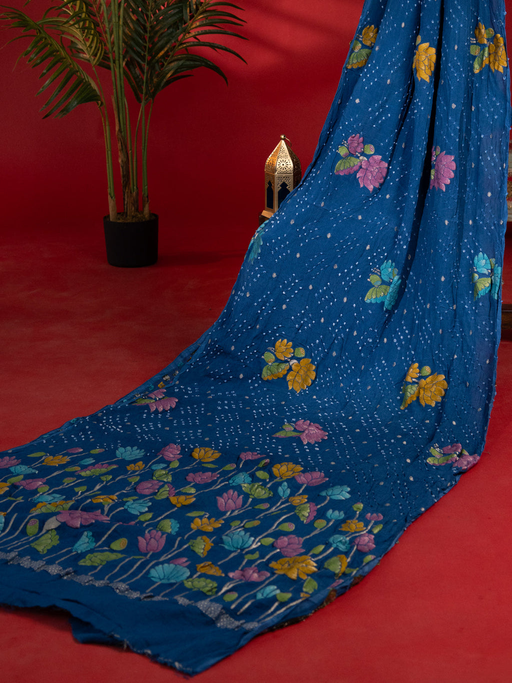 Peacock Blue Georgette Saree With Bandhej