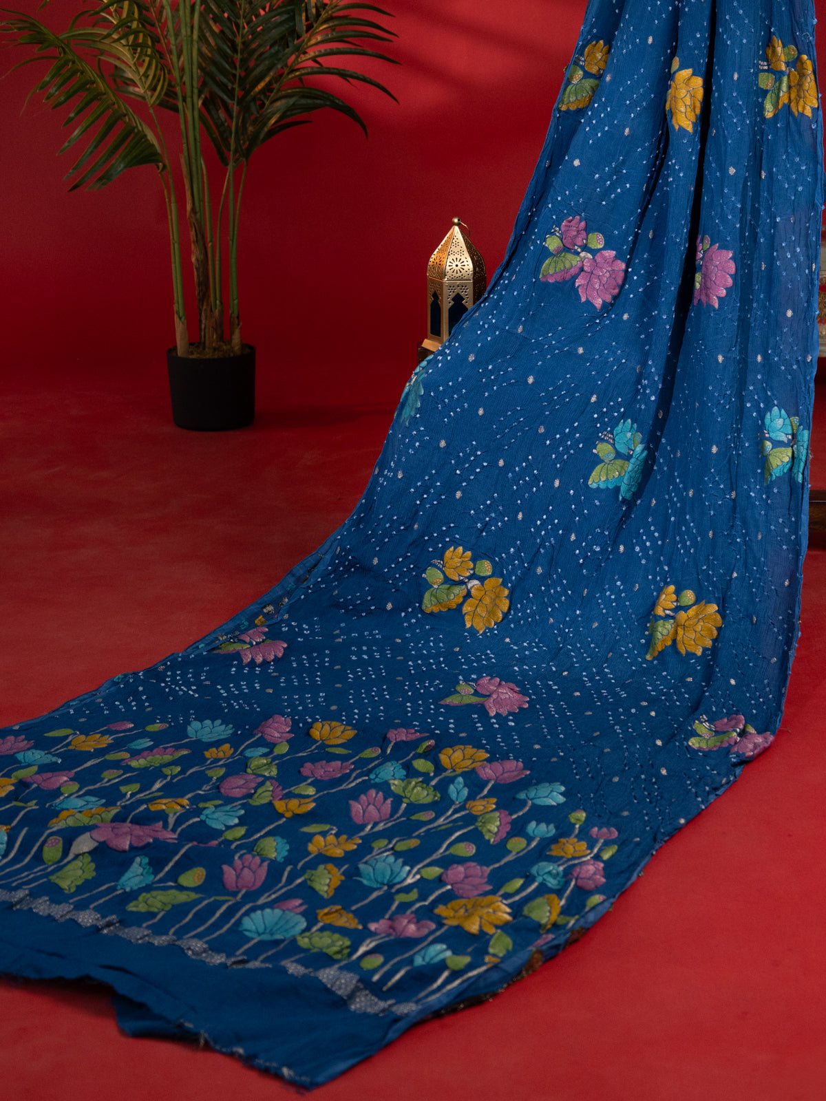 Peacock Blue Georgette Saree With Bandhej