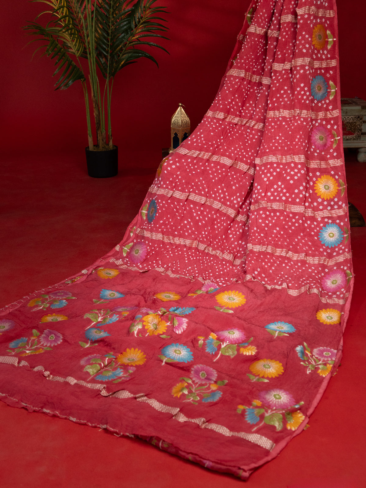 Peach Pink Georgette Saree With Bandhej