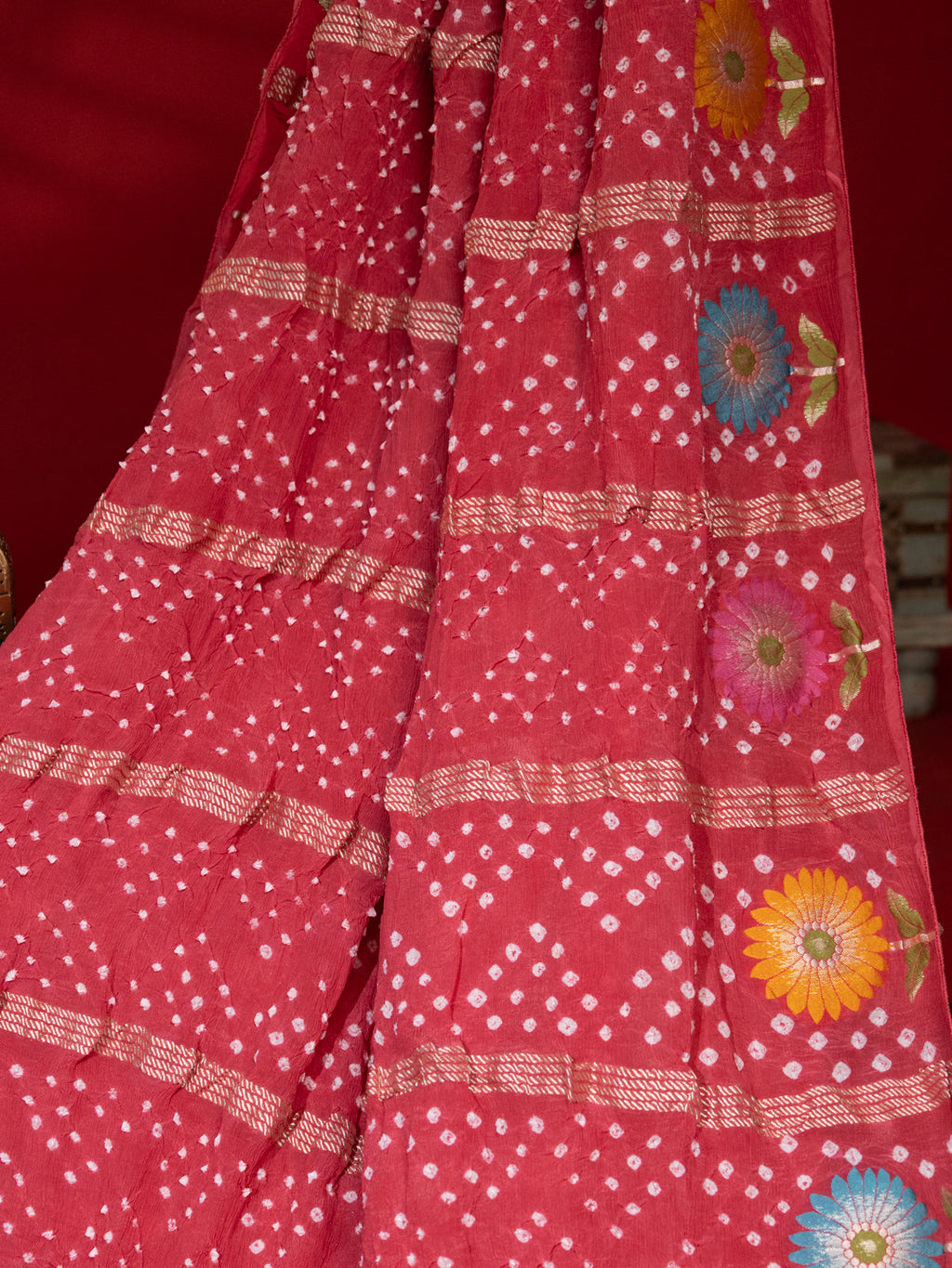 Peach Pink Georgette Saree With Bandhej
