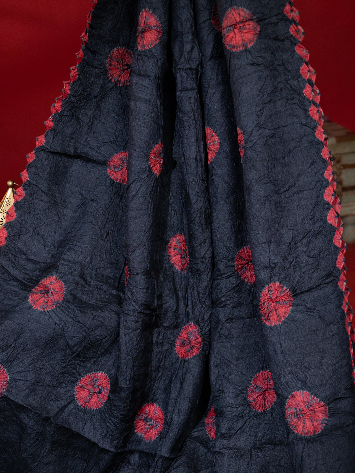 Black & Maroon Tussar Silk Saree With Shibori