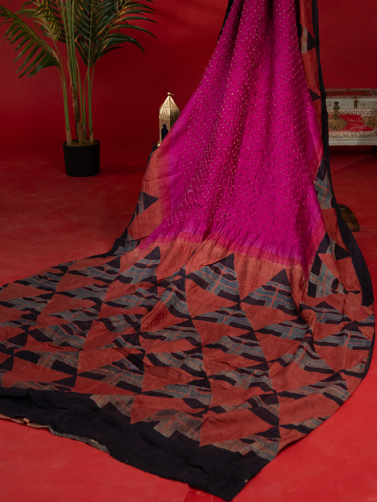 Magenta Pink & Rust Shade Tussar Silk Saree With Bandhej