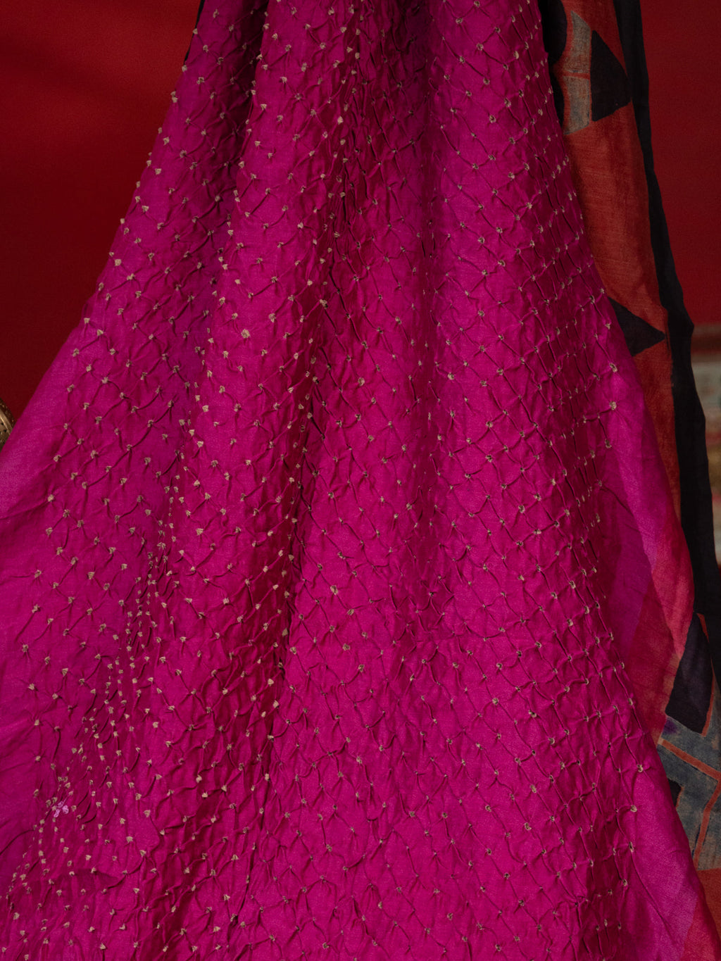 Magenta Pink & Rust Shade Tussar Silk Saree With Bandhej