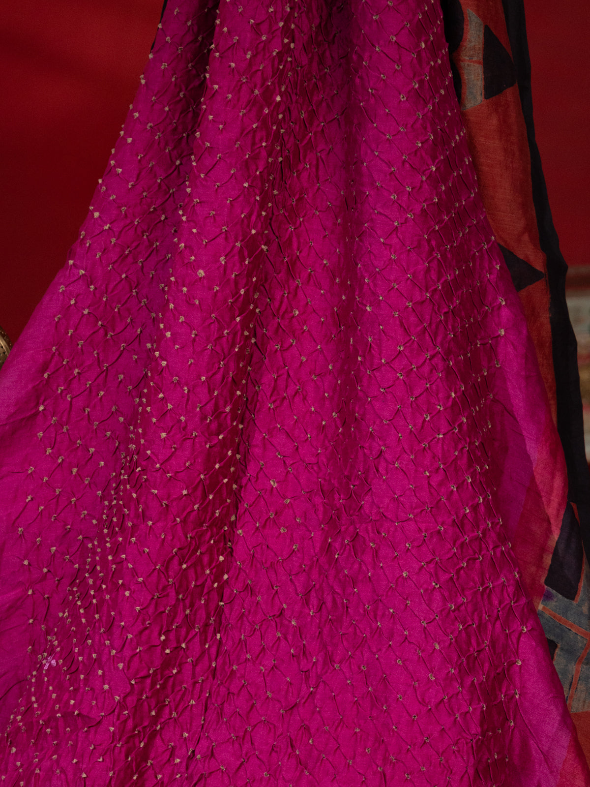 Magenta Pink & Rust Shade Tussar Silk Saree With Bandhej
