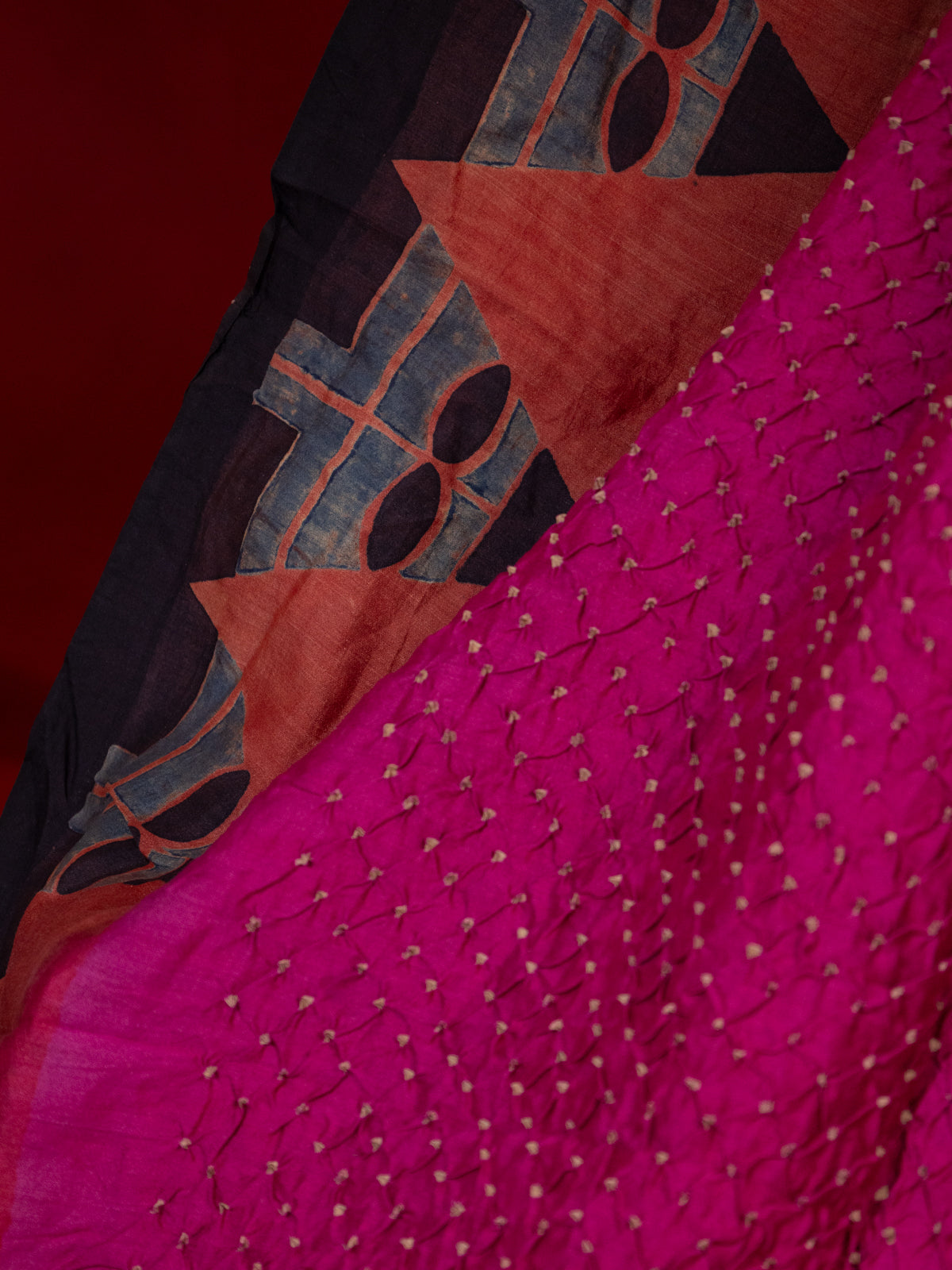 Magenta Pink & Rust Shade Tussar Silk Saree With Bandhej