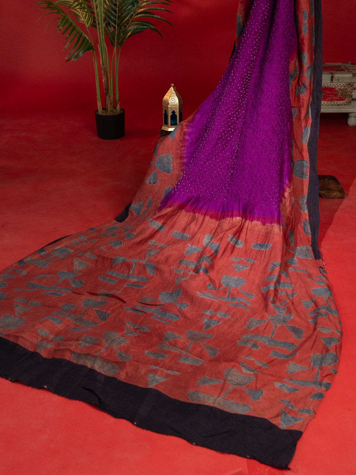 Purple & Rust Shade Tussar Silk Saree With Bandhej