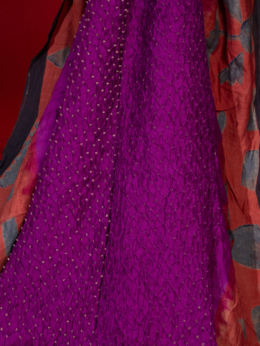 Purple & Rust Shade Tussar Silk Saree With Bandhej