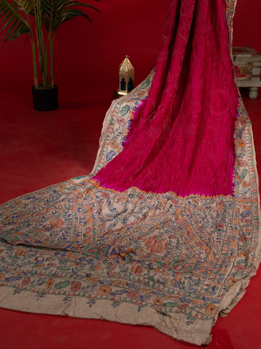 Pink & Beige Tussar Silk Saree With Bandhej And Madhubani