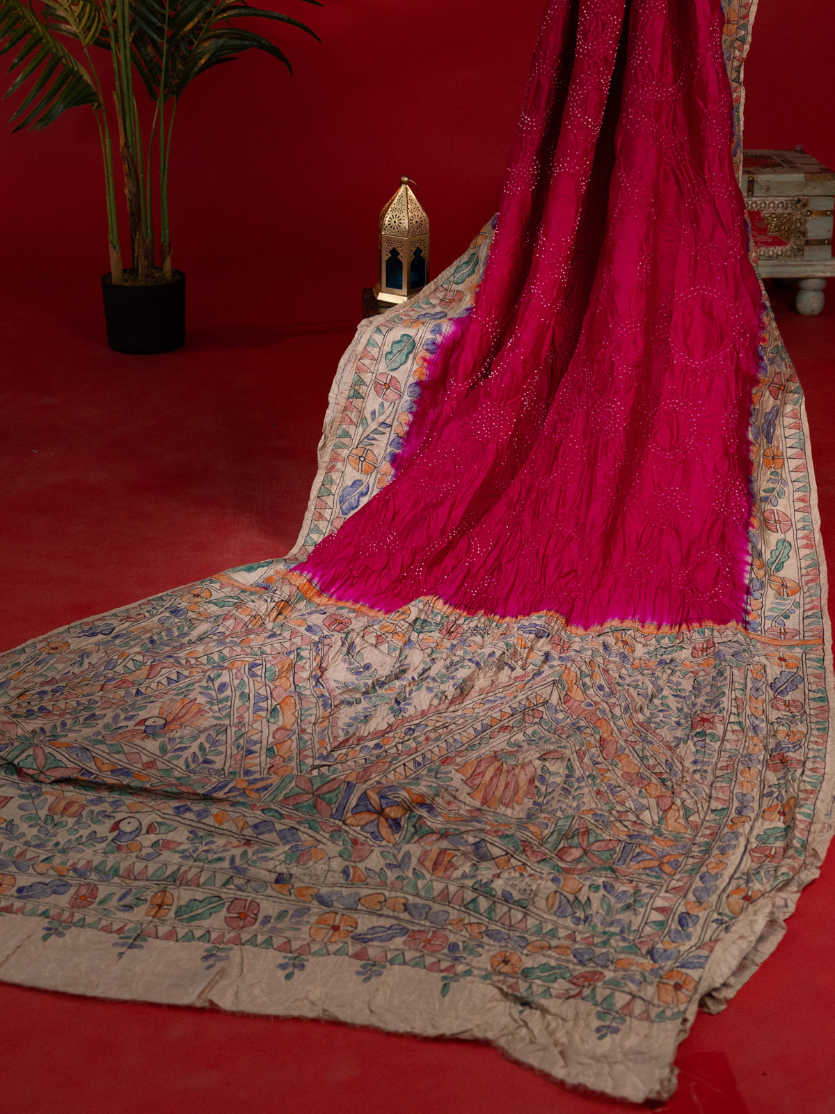 Pink & Beige Tussar Silk Saree With Bandhej And Madhubani