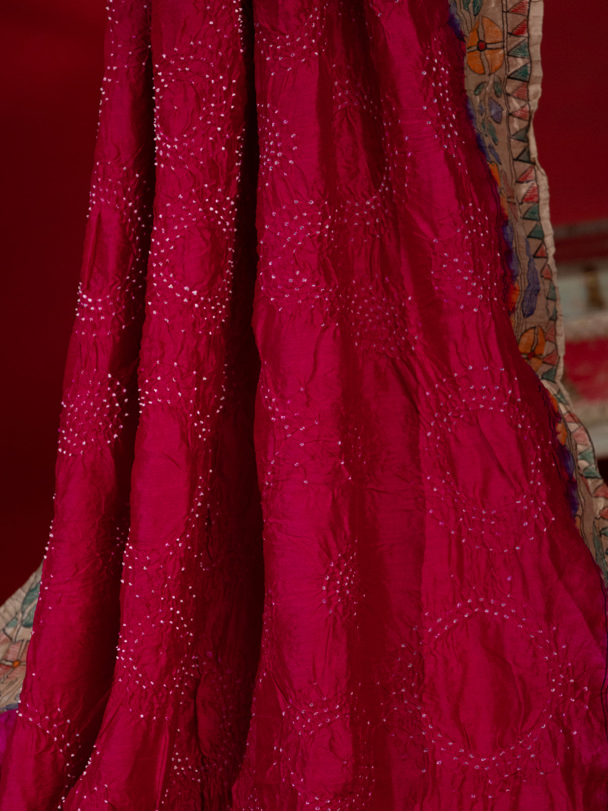 Pink & Beige Tussar Silk Saree With Bandhej And Madhubani