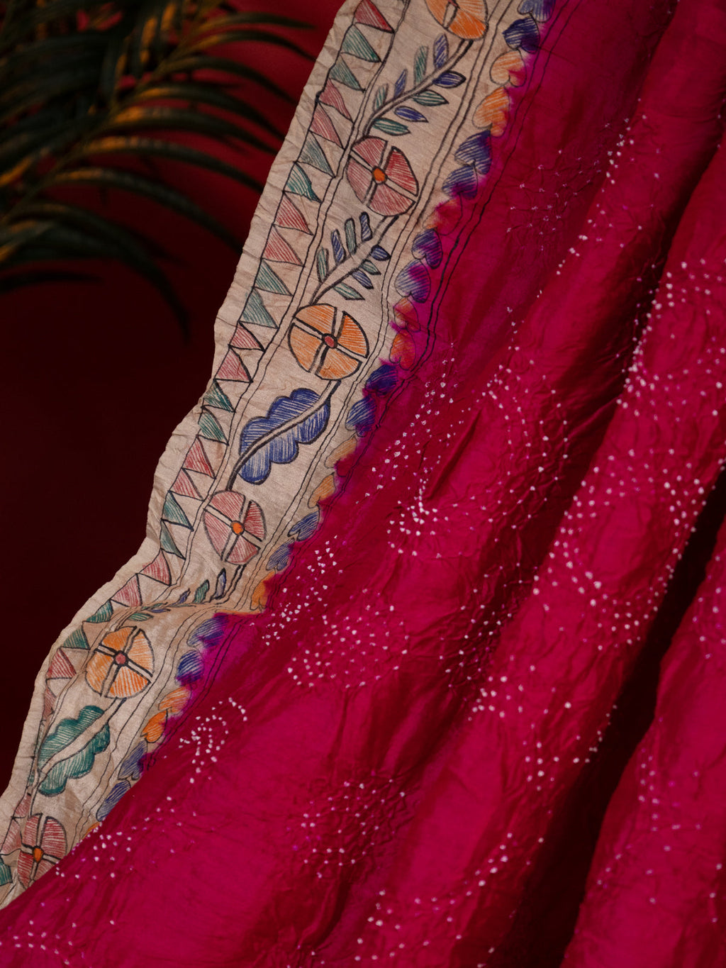 Pink & Beige Tussar Silk Saree With Bandhej And Madhubani