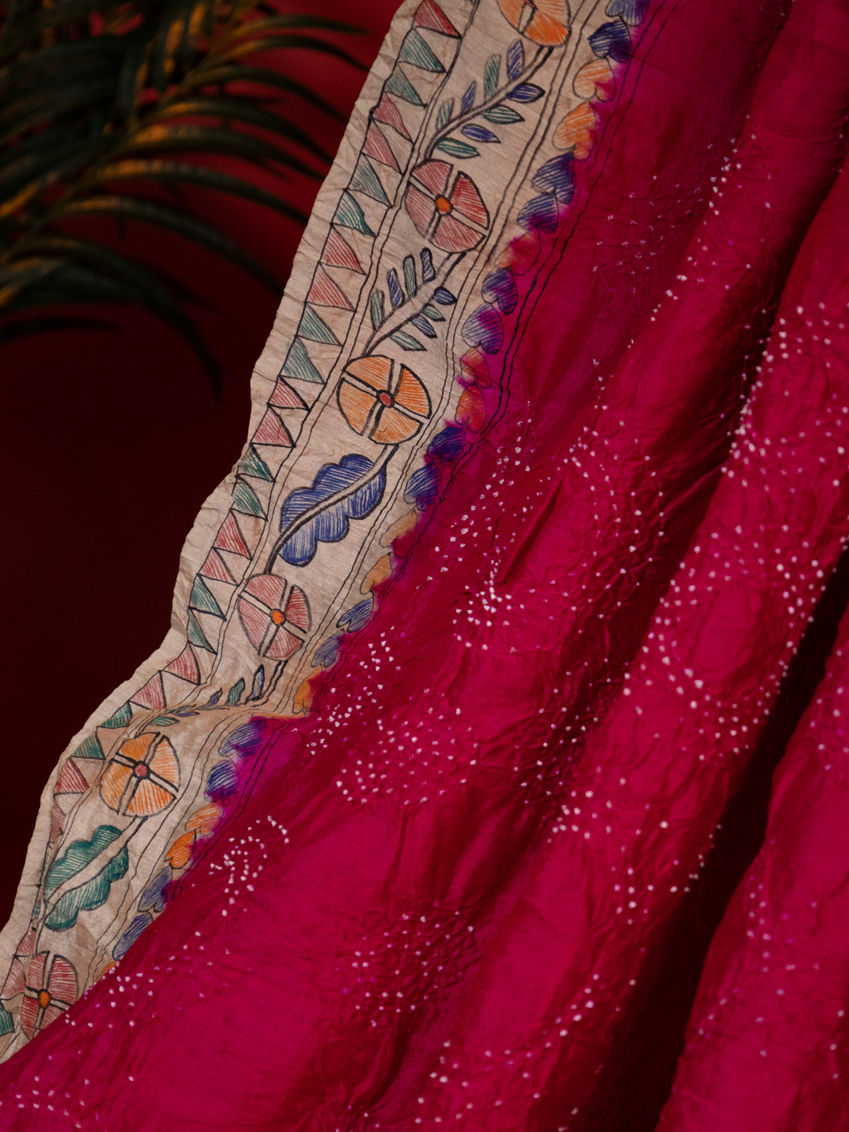 Pink & Beige Tussar Silk Saree With Bandhej And Madhubani