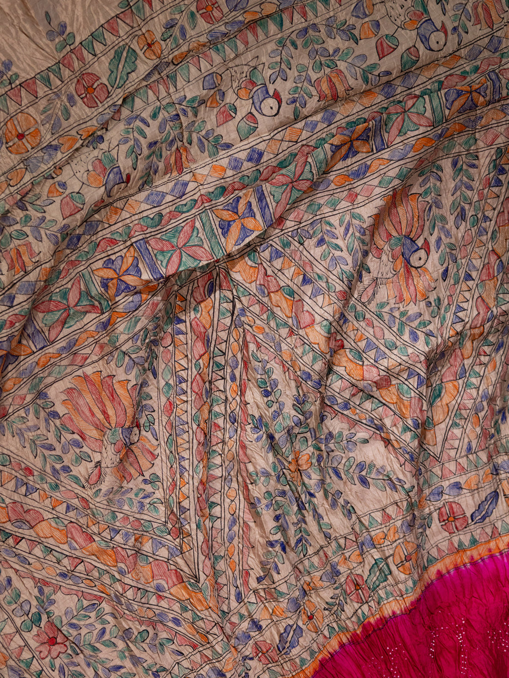 Pink & Beige Tussar Silk Saree With Bandhej And Madhubani