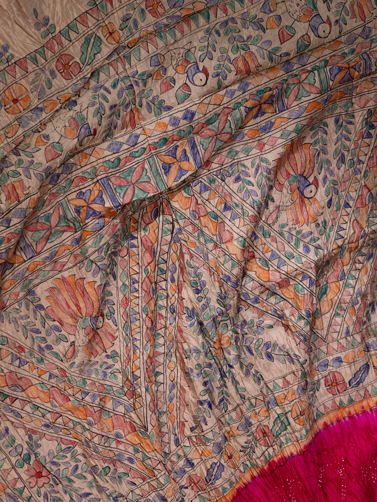 Pink & Beige Tussar Silk Saree With Bandhej And Madhubani