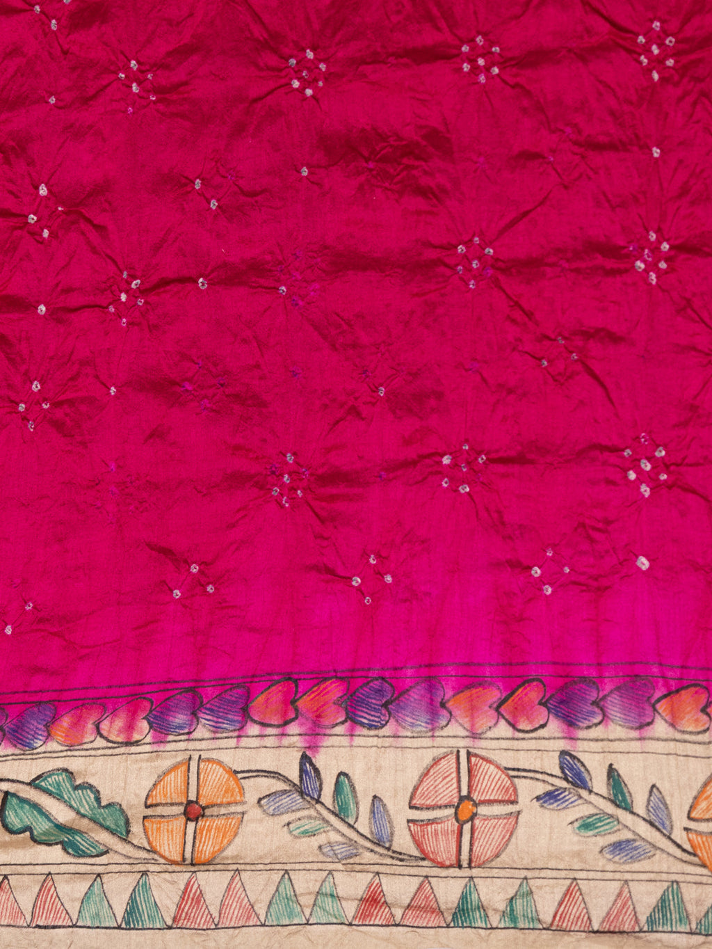 Pink & Beige Tussar Silk Saree With Bandhej And Madhubani