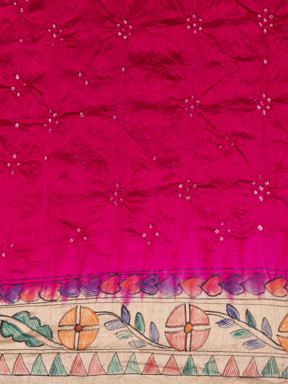 Pink & Beige Tussar Silk Saree With Bandhej And Madhubani