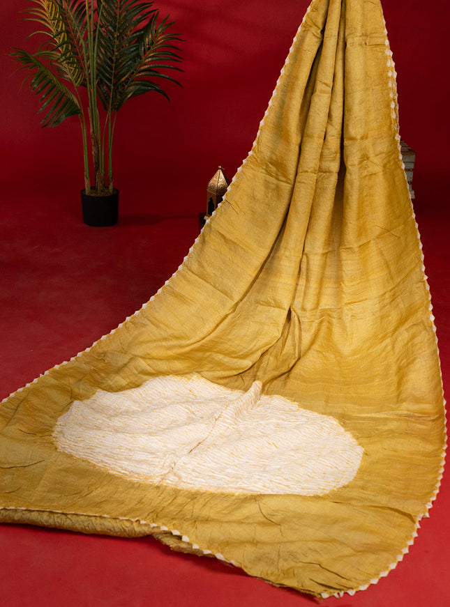 Mustard Shade Tussar Silk Saree With Placement Style Shibori Prints