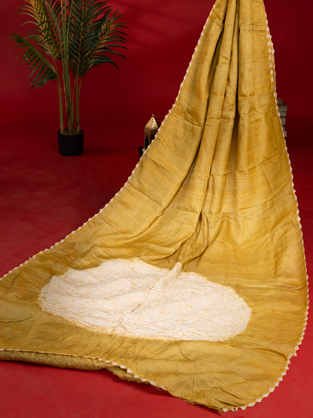 Mustard Shade Tussar Silk Saree With Placement Style Shibori Prints