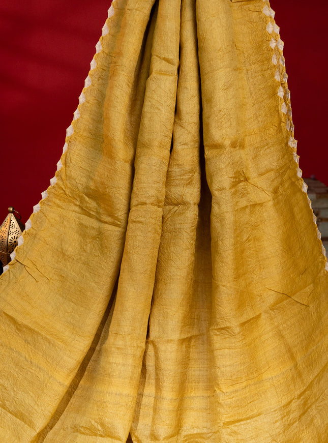 Mustard Shade Tussar Silk Saree With Placement Style Shibori Prints